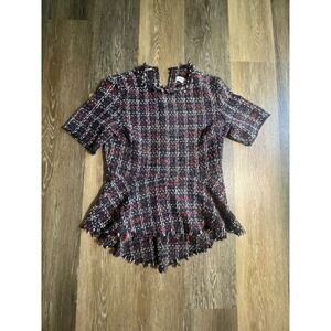 DO+BE Peplum Tweed Top Women Large Multi Color Excellent Fringe Plaid R16206